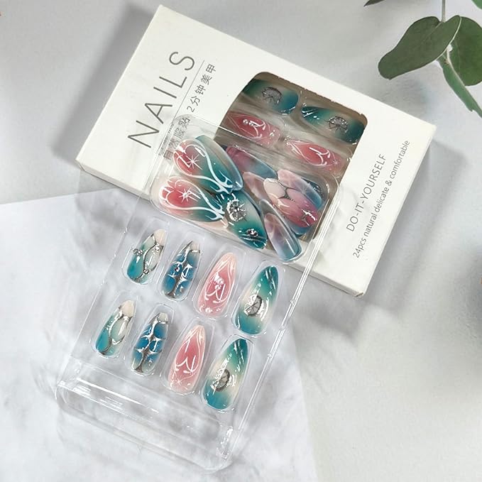 24Pcs Blue Press on Nails Medium Almond Fake Nails with Irregular Sliver Lines Design Pink Blue Gradient Glossy Full Cover Acrylic False Nail Tips Star Peal Glue on Nail for Women Manicure