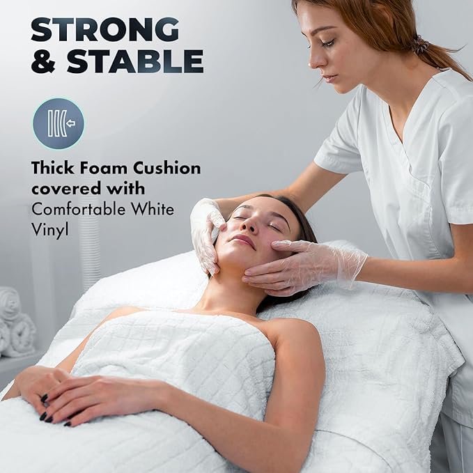 Buy-Rite Stationary Facial Bed – White Vinyl, Thick Foam Cushion, Adjustable Headrest, Backrest & Leg Rest, Removable Face Pillow & Armrests – SY-3557 – 300 lb Capacity