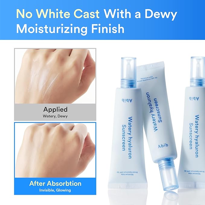 Abib Watery Hyaluron Sunscreen Moisture Tube Broad Spectrum SPF 30 1.69 fl oz / 50ml | Korean Suncreen Suncare Sunblock No White cast Reef Safe Hyaluronic Acid Niacinamide Vitamin C Collagen