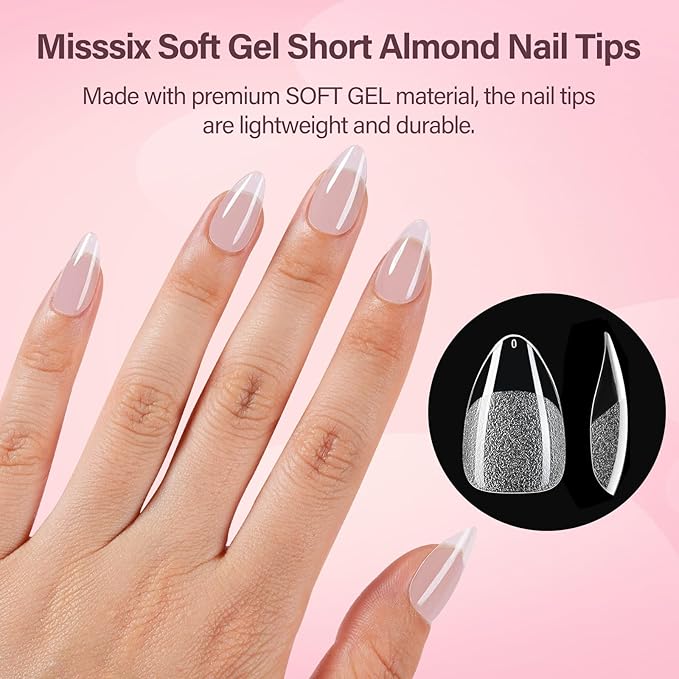 Misssix Short Almond Gel Nail Tips, 216Pcs Pre Etched Clear Fake Nails, Full Cover Soft Acrylic False Nail Glue and Nail Glue Remover for Women 12 Sizes
