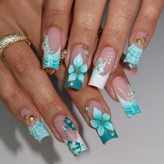 24Pcs French Tip Press on Nails Medium Square Fake Nails 3D Flower Starfish Rhinestones Gems Design Spring Summer Cute False Nails Blue Cyan Hibiscus Flower Acrylic Nails for Women French Manicure