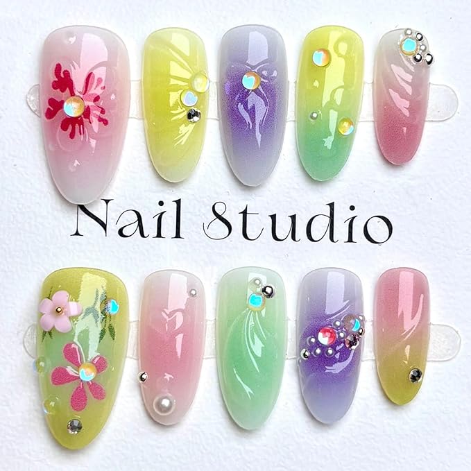 30Pcs Colorful Flower Press on Nails Medium Almond Fake Nails with Rhinestones Design 3D Carved Floral Flash Pearl False Nails French Nail Tips Ins Blush Gradient Full Cover Artificial Nails for Women