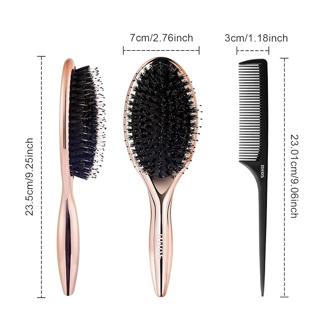 RHOS Boar and Nylon Bristle Hair Brush for Long, Curly, Thick Hair, Soft Natural Bristle Detangling Brush, Smooth & Shine, Set Includes Rat Tail Comb, Storage Bag (0.79inch Bristle)