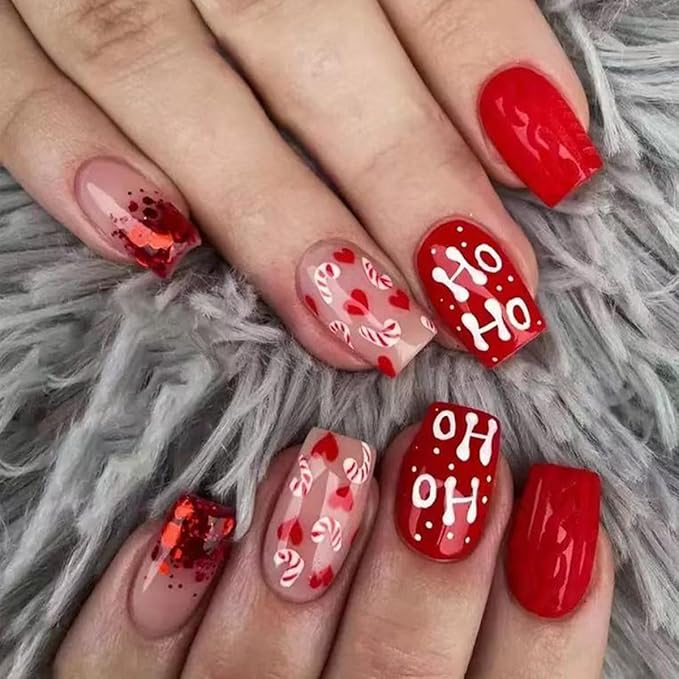 144 Pcs Christmas Press on Nails Short Square Fake Nails with Snowflake False Nails with Designs Elk Glue on Nail Full Cover Winter Xmas Acrylic Stick on Nail for Women Manicure 6 Packs