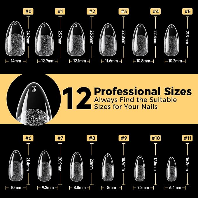 UNA GELLA Almond Gel Nail Tips 600 Pcs Pre Etched Medium Almond Shaped Nails Full Cover Press On Nails 12 Sizes Clear Fake Soft Gel Tips for Flat & Curved Nail Bed Extension Home DIY Salon