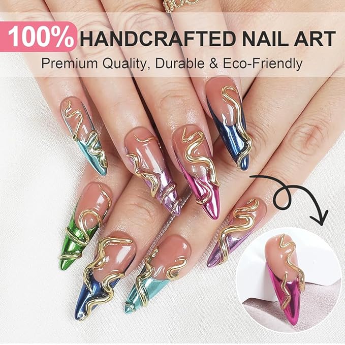 Handmade Press on Nails Long Stiletto Fake Nails French Tip with 3D luxury Rhinestones Designs Gold Glitter Cute Acrylic Nails for Women 10pcs (Size M）