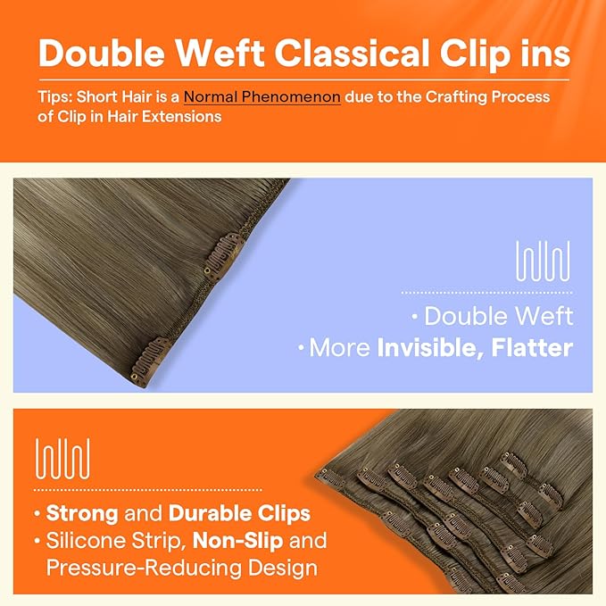 Full Shine Blonde Clip in Hair Extensions Real Human Hair Balayage Light Brown Ombre Blonde Mixed Brown Invisible Clip in Hair Extensions Double Weft Hairpiece 7 Pcs 20 Inch 120 G