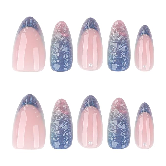 Summer Press on Nails Medium Almond Fake Nails with Chrome 3D Fish Designs Cat Eye Glue on Nails Blue French Tip False Nails Press ons Ocean Acrylic Nail for Women Manicure