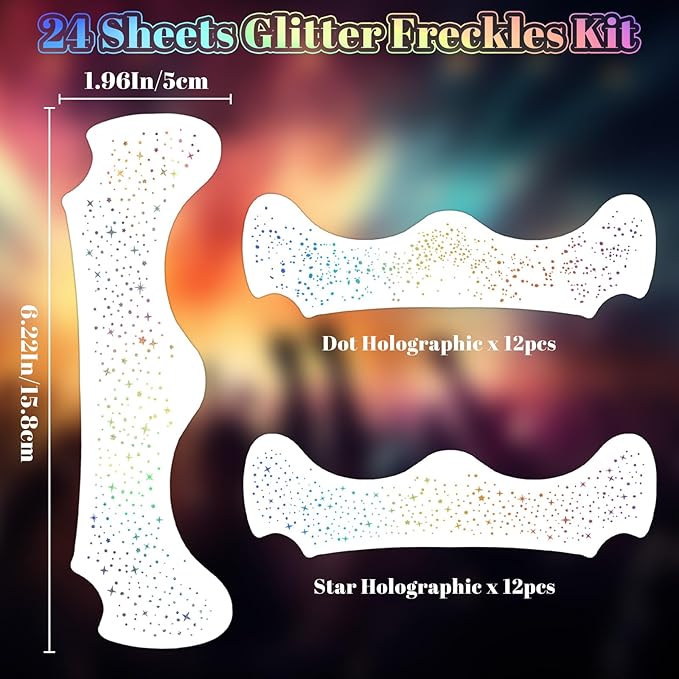 24pcs Glitter Freckles Face Tattoo - Holographic Face Sparkle Freckles Temporary Tattoos for Women Girls, Multicolor Freckles Makeup Patches for Party, Concerts, Daily Accessories