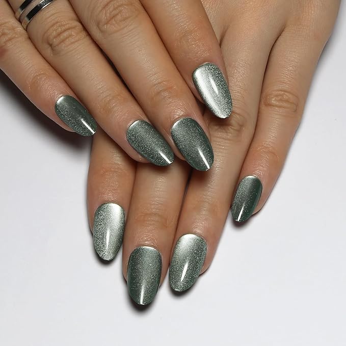 Almond Press On Nails Short, Green Cat Eye Press on Nails with Glue for Women Ashionable Gel False Nails Reusable Acrylic False Nails Women's Glitter Nails Glue On Nails Kit, Avocado Green