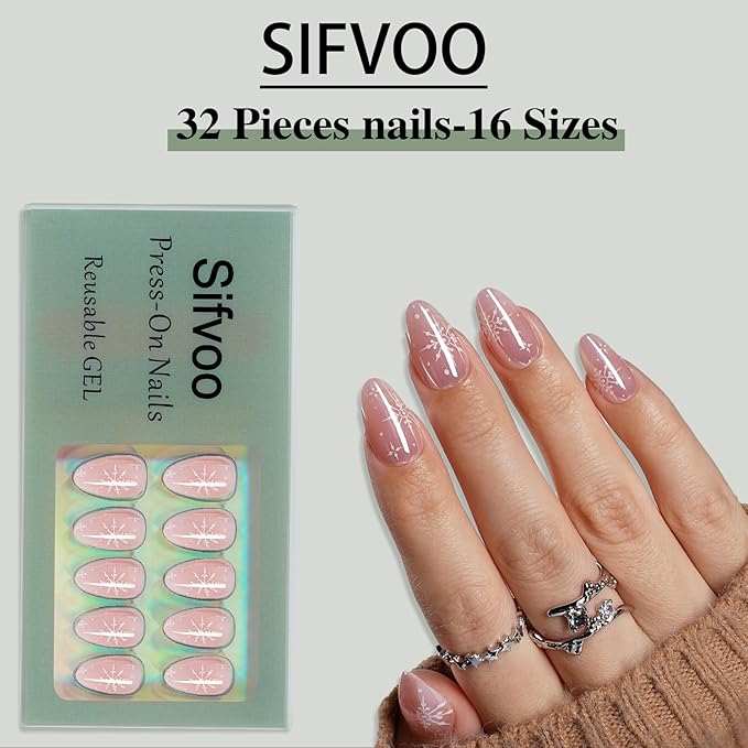 Pink Press on Nails, Short Press on Nails Almond Reusable Glossy Snowflake Nails Soft Gel False Nails Press ons for Women, 16 Sizes 32 Count Nails Kit with Glue (SV-15)