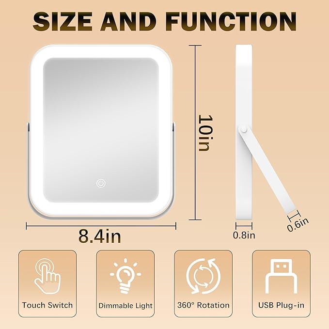 10"x8" Portable Lighted Makeup Mirror with 3-Color Dimmable LED, Touch Screen Vanity Mirror for Travel or Bedroom Desk (White)