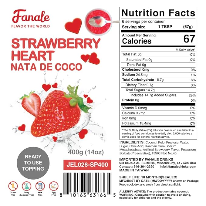Fanale Coconut Jelly Topping nata de coco for Bubble Tea | Strawberry Heart Jelly Topping for Boba Tea, Smoothies, Slushes, Desserts 400g(Pack of 1)