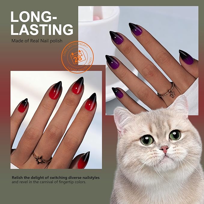 KQueenest Green Black Press On Nails Short Almond, Ombre French Press On Nails with Glue, Dark Fake Nails Press ons, Soft Gel Glue on Nails with Gradient Design for Women Christmas, 30 Pcs