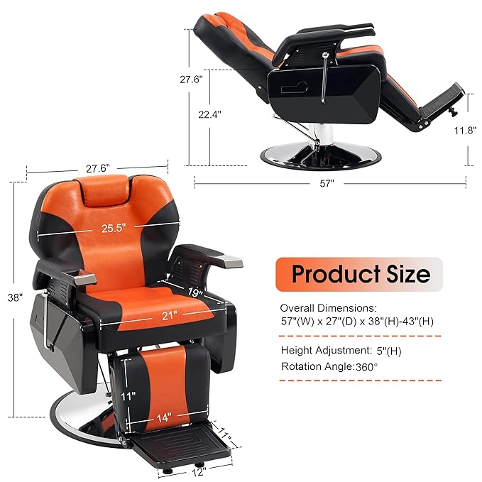 BarberPub Heavy Duty Reclining Barber Chair, All Purpose Hydraulic Salon Chairs for Hair Stylist, Barbershop Salon Tattoo 2688(Orange)