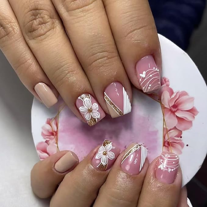 24Pcs French Tip Press on Nails Short Square Fake Nails with Gold Glitter Designs White Flower False Nails Reusable Spring Acrylic Nails Press on Full Cover Solid Color Glue on Nails for Women Nails