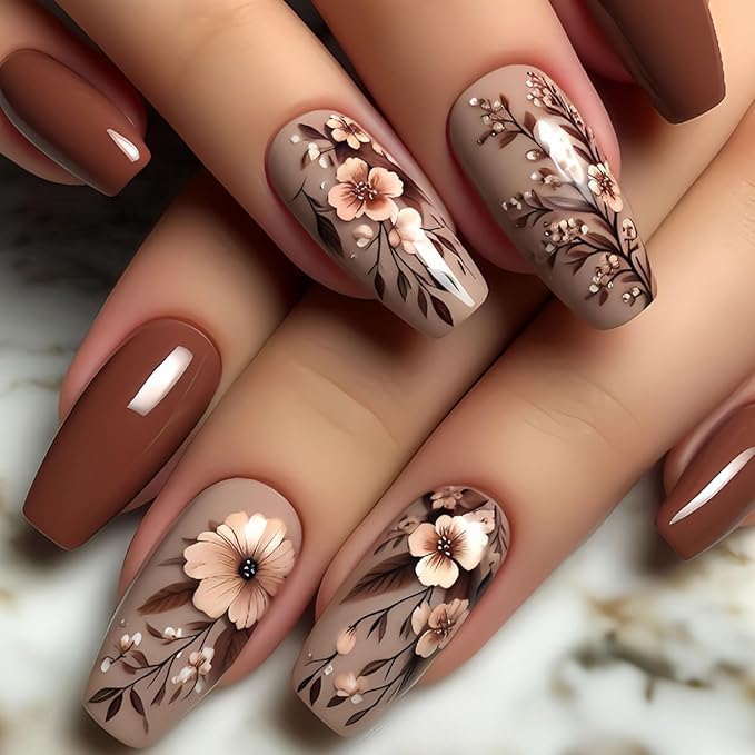 Coffin Press on Nails Medium Fake Nails with Flower Leaf Design Glue on Nails Brown Full Cover Nails Press ons Cute Fall False Nails Glossy Coffin Stick on Nails for Women 24Pcs