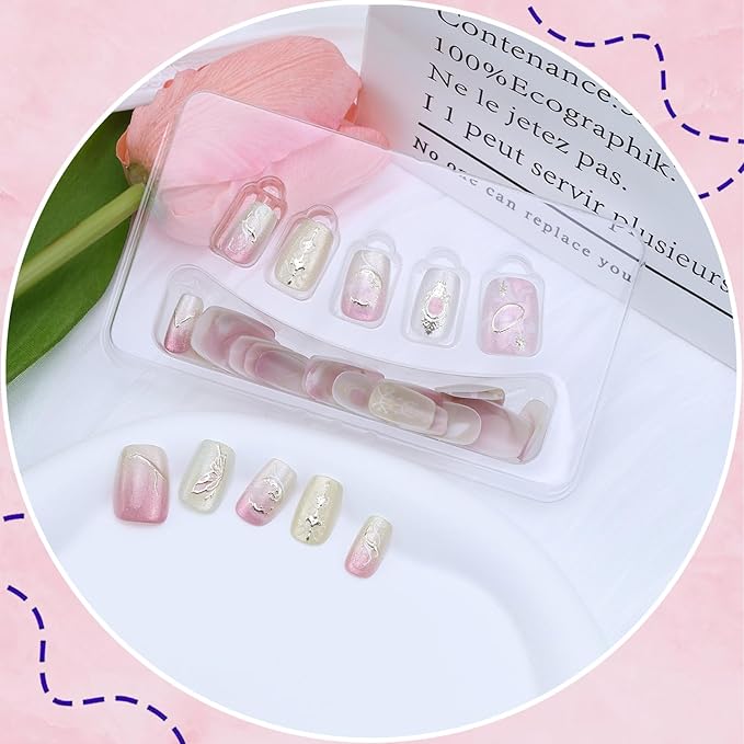 30Pcs Pink Press on Nails Short Square Fake Nails with Embossed Designs Glue on Nails Spring Summer Acrylic Nails Full Cover Butterfly False Nails Star Moon Stick on Nails for Women Nail Decoration