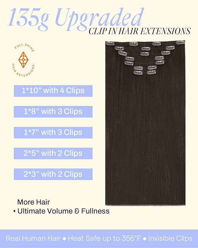Full Shine Hair Extensions Clip ins Dark Brown Human Hair Clip in Extensions Extra Volume Thick Clip in Human Hair Extensions Brown Hair Clip ins 7 Pcs 16 Inch