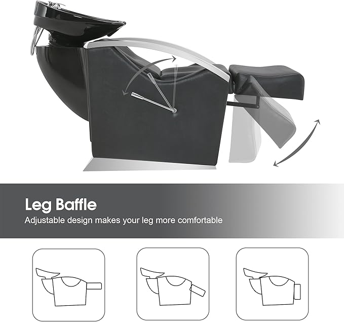 BarberPub Backwash Shampoo Station Chair Unit with Leg Rest, Adjustable Ceramic Shampoo Bowl Sink and Chair Set for Home Salon, Barbershop 9077 (Black)