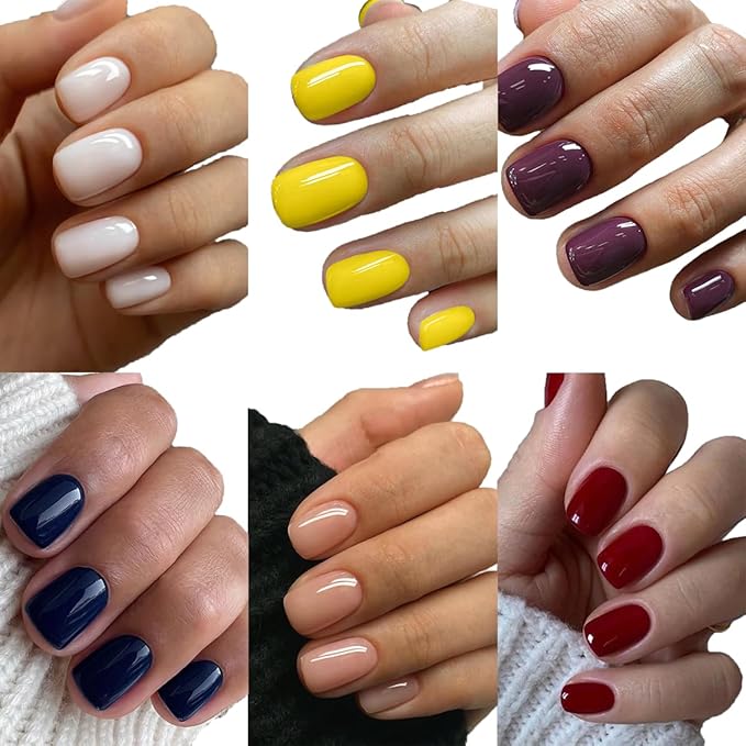 6 Packs（144 Pcs）Short Press on Nails Sqaure Fake Nails Full Cover False Nails Solid Color Glossy Acrylic Glue on Nails Stick on Nails Reusable Artificial Nails for Women Girls Manicure