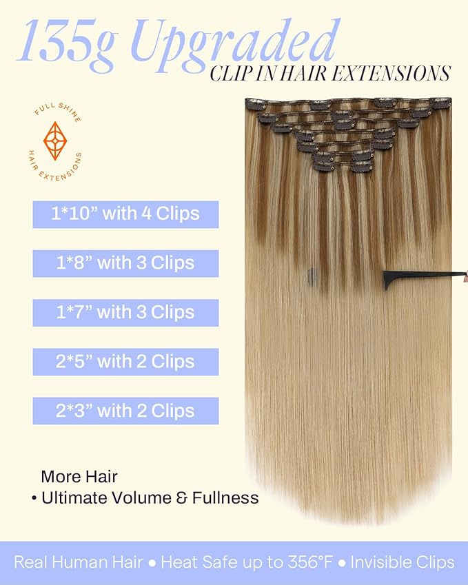 Full Shine Clip in Hair Extensions Real Human Hair Balayage Thick Hair Extensions Golden Brown to Dark Blonde Remy Hair Clip in Extensions Double Weft 7 Pcs 18 Inch 135 G