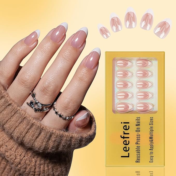 French Tip Press on Nails - White Short Almond Press on Nail, Laser Fake Nails Reusable Nails Press ons for Women, 32 Pieces in 16 Sizes False Nails Kit with Glue, Silva Blanc