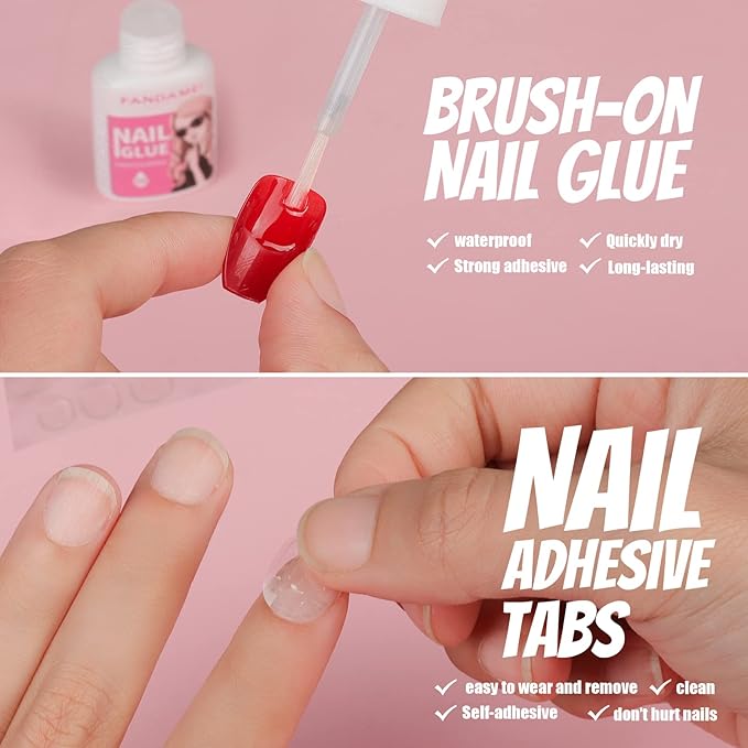 FANDAMEI Press on Nails Medium Length, 24 Pack 576PCS Glossy Medium Coffin Fake Nails Full Cover, Acrylic Short Ballerina False Nail tips with Nail Glue, Nail Adhesive Tabs, Nail File for Nail Art DIY