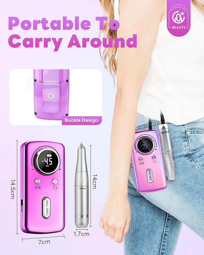 CozyZen Cordless Nail Drill Professional: 45000 RPM Rechargeable Electric Nail File Kit, Portable & Low Noise for Acrylic, Gel Nails, Manicure & Pedicure - Salon & Home Use