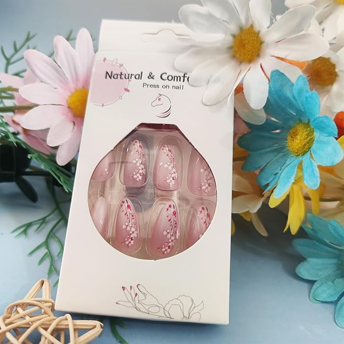 Plum Blossom Press on Nails 24Pcs Flower Acrylic Full Cover Fake Nails Peach Blossoms Gel Glue on Fingernail Glossy Pink Gradient Medium Almond False Nail Summer Stick on Nail for Holiday Manicure Art