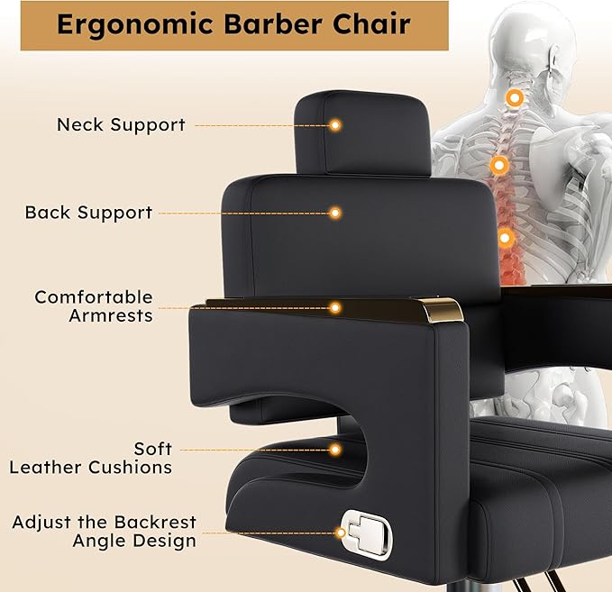 Barber Salon Chair, 360° Rolling Swivel Styling Hair Chair with Adjustable Height, Heavy Duty Hydraulic Pump & Reclining Backrest for Salon & Barber Shop(Black + Gold)