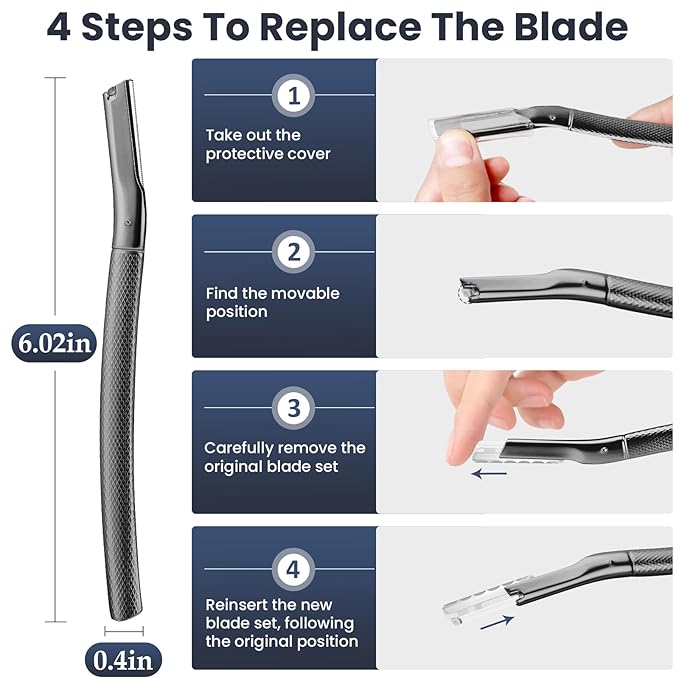 Dermaplaning Tool for Face, Dermaplane Razor for Peach Fuzz with Metal Grip, Professional Eyebrow Razor for Women, Facial Razor for Women Black (12 Replaceable Blades)