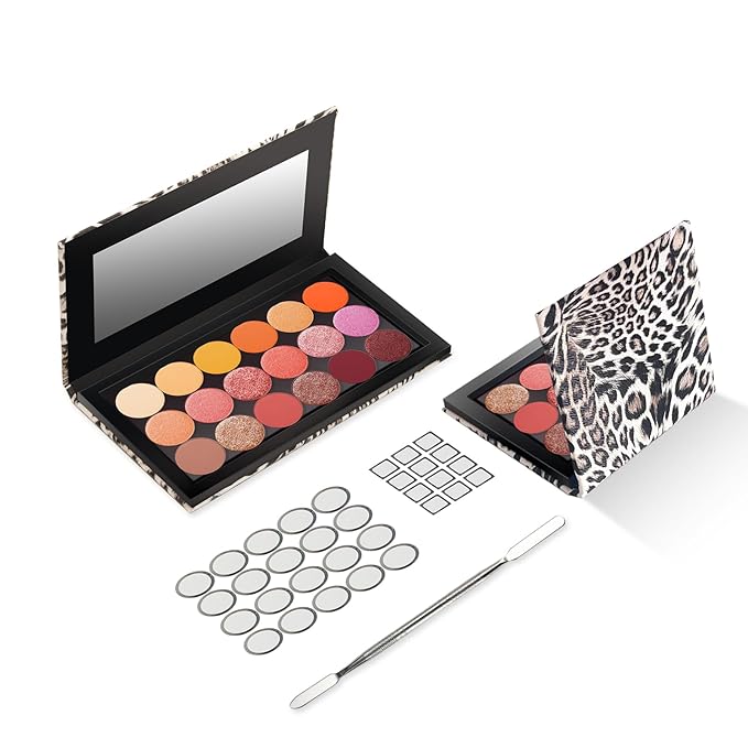 2 Packs Leopard Magnetic Makeup Palette Empty with Spatula and Metal Stickers, 18-pan and 9-pan Empty Eyeshadow Palette for Travel, DIY