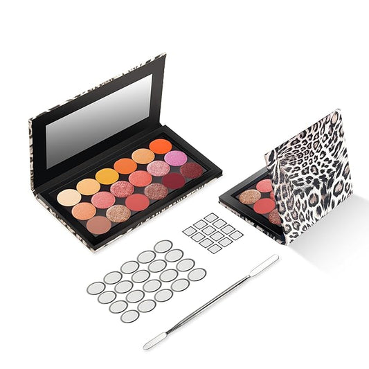 2 Packs Leopard Magnetic Makeup Palette Empty with Spatula and Metal Stickers, 18-pan and 9-pan Empty Eyeshadow Palette for Travel, DIY