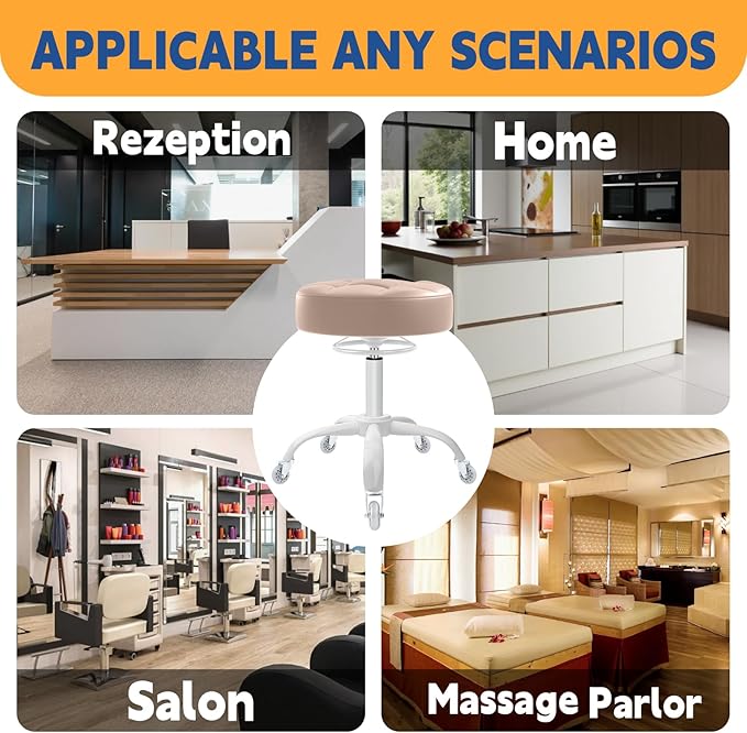 Rolling Stool Heavy Duty 400lb: Super Soft Seat Cushion,360° Swive,Height Adjustability,No Squeaky Noises,No Tip Over,New Upgraded stool Salon Stool Chair, Tattoo Facial Massage Spa Medical(Beige)