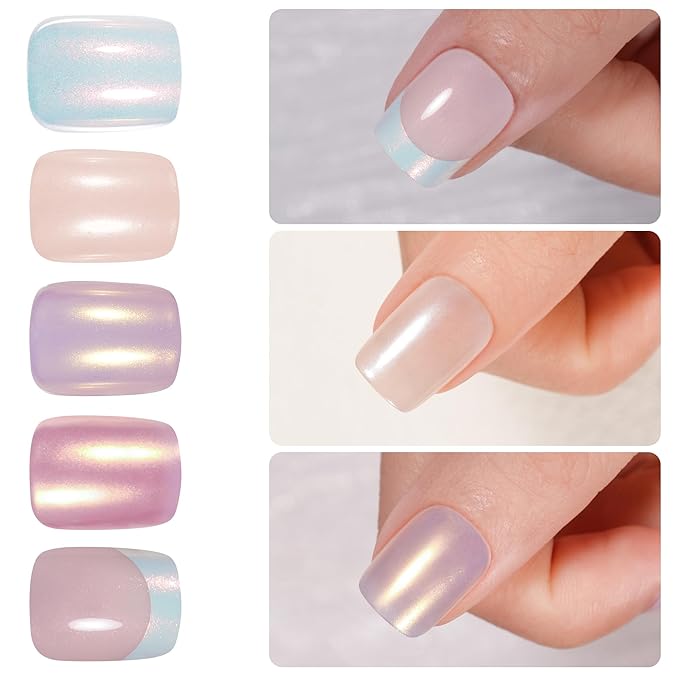 NEW Press on Nails Short, Jofay Fashion 120Pcs Salon-Like Fake Nails with French Mermaid/Pearl/Aurora Chrome Nail Designs, Glossy Artificial Acrylic False Nails, Glue on Nails for Women