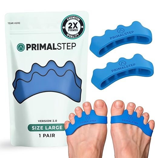 PRIMALSTEP 2.0 FIRM EDITION Toe Separators - Extra Firm, Stretchy & Flexible - Thicker & More Durable - Dr. Recommended Toe Spacers - Loved by Those with Bunions or Plantar Fasciitis - (Blue, Large)