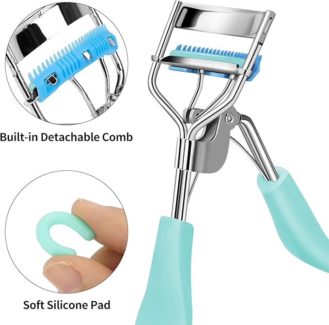 Eyelash Curler with Comb Fit All Eye Shape Curved Eyelash Curlers,Natural and Long Lasting Lash Curler for Women Make Up Gift(Blue)