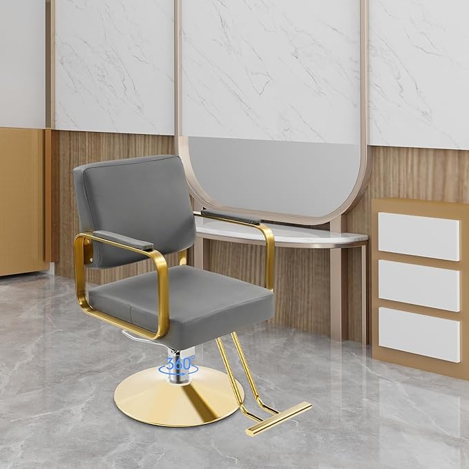 Barber Salon Chair, Hair Salon Chair for Hair Stylist for Barbershop Home Height Adjustable & 360° Swivel Styling Barber Chairs Spa Beauty Equipment, Max Load Weight 440Lbs (Grey+Gold)