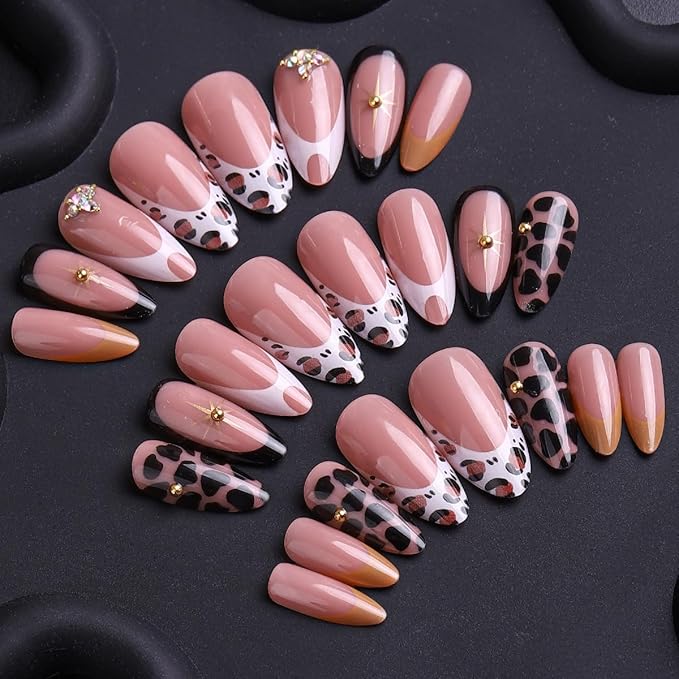 24Pcs French Tip Press on Nails Medium Almond Fake Nails with 3D Rhinestones Designs Fall False Nails Artificial Star Gems Glue on Nail Leopard Print Full Cover French Acrylic Nails for Women