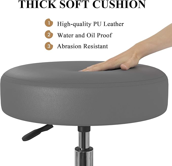 SHA CERLIN Rolling Stool with Wheels Swivel Shop Salon Chair Adjustable Drafting Massage Medical Tattoo Spa with PU Leather Cushioned, Grey