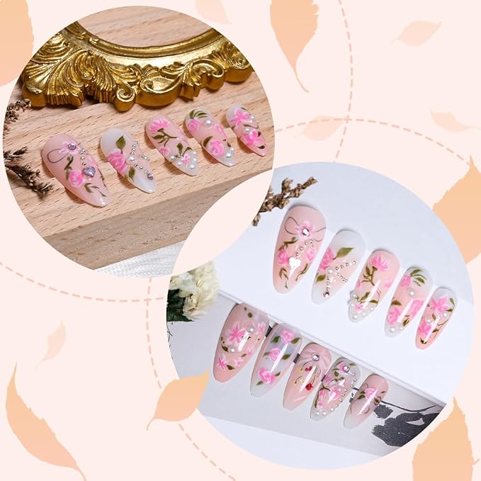 24Pcs Pink Flower Press on Nails Medium Almond Fake Nails with Peach Blossom Rhinestones Pearl Design Handmade False Nails 3D Floral Gems Bow Glue on Nails Rose Artificial Acrylic Nails Kit for Women