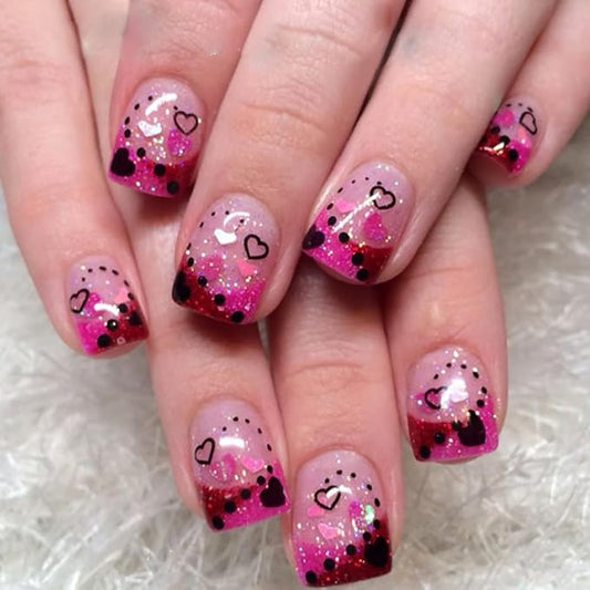 24Pcs Valentines Nails French Tip Press on Nails Short Square Fake Nails Glitter Love Heart Design Valentine's Day False Nails Full Cover Cute Glue on Nails Nude Pink Acrylic Stick on Nails for Women