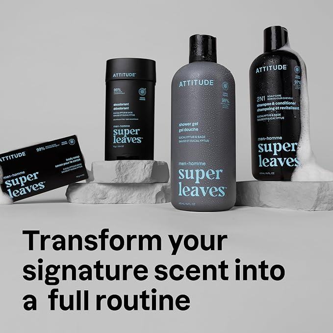 ATTITUDE Shower Gel Body Wash for Men, 98% Natural Origin Ingredients, Paraben & Phthalate Free, EWG Verified, Cleanses Without Drying, Eucalyptus & Sage,14 Fl Oz