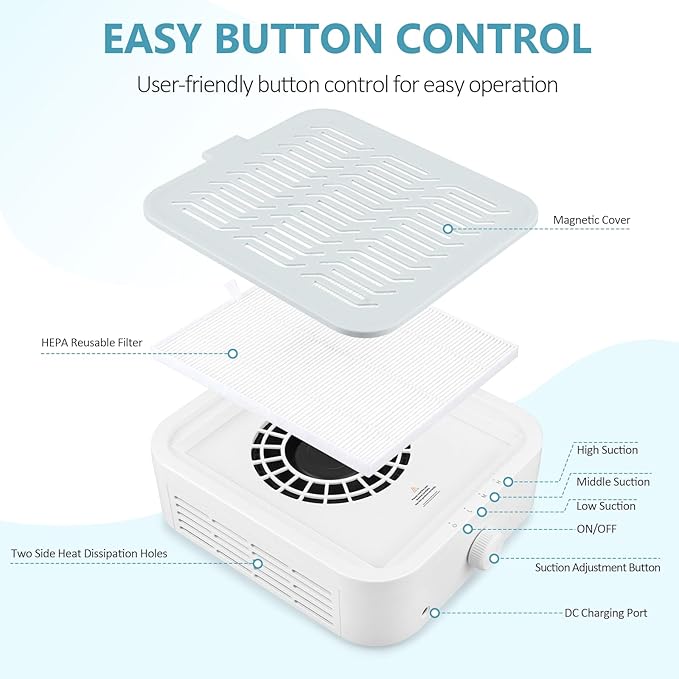 LIONVISON Nail Dust Collector For Salons: Manicure Pedicure Tool for Beginners DIY Nail Tech - Reusable Filter Fan Dust Suction Machine For Home