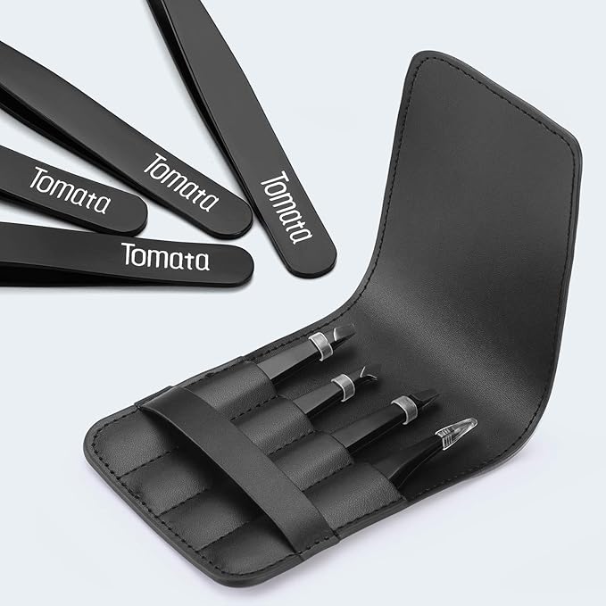 Tweezers for Eyebrows, 4-piece Slant Tip and Pointed Eyebrow Tweezer Set Great Precision for Eyebrows Facial Hair, Ingrown Hair, Splinter, Blackhead and Tick Remover (Black)