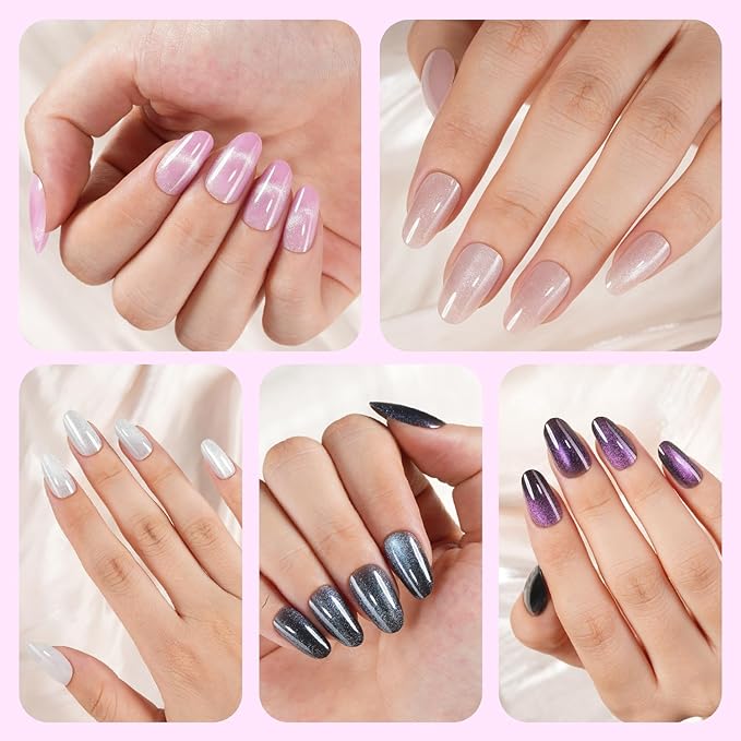 150Pcs Cat Eye Press on Nails, Plauva Short Oval Fake Nails, Glossy Glitter Cat Eye Nail Tips, Soft Gel Stick On Nails for Women and Girls 15 Sizes