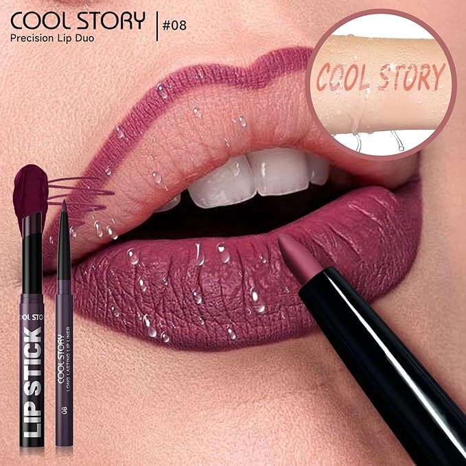 COOL STORY 2 Piece Lip Liner and Lipstick Set, Long Lasting Formula, Professional Makeup Kit (08)