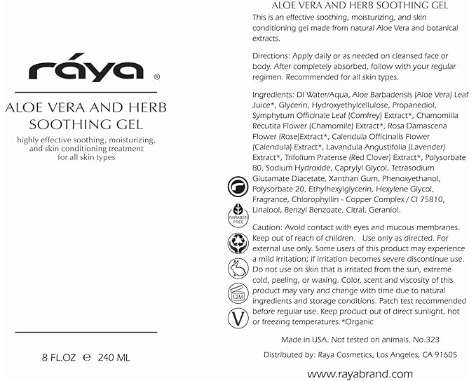 Raya Aloe Vera and Herbs Soothing Gel (323) | Effective, Soothing, and Moisturizing Treatment for the Face and Body | Comforts Dry, Chapped, and Irritated Skin