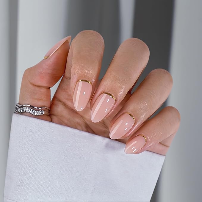 BTArtbox Press On Nails Almond - Short Gold Foil Press On Nails with Glue for Women, Semi-Transparent Soft Gel Glue On Nails in 16 Sizes - 32 Stick On Nails Kit, Gold End